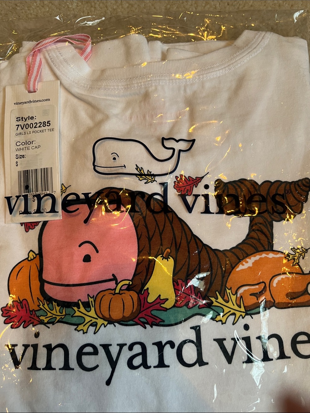 Vineyard Vines White Long-Sleeve Tee with Pink Whale & Autumn Graphic! Girls S